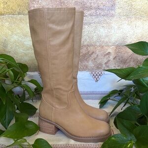 NEW Joie Women’s Sawyer Faux Leather Tan/Beige Knee-High Heeled Boots, Size 7.5M